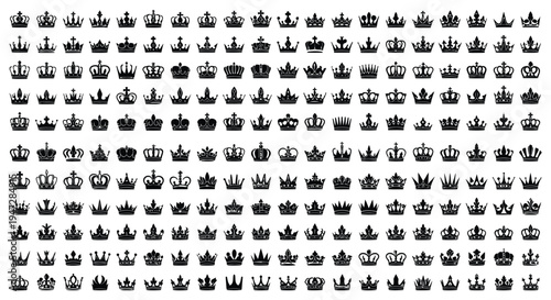 A high-contrast image featuring a dense pattern of black crowns silhouettes on a white background, conveying luxury and royalty.