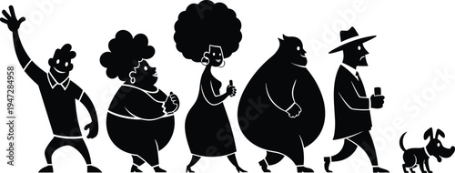 Silhouettes of diverse people walking with dog, expressive vector illustration showing individuality, fashion styles, movement, and playful character design