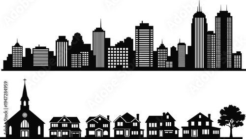 Black city skyline and suburban houses silhouette vector illustration showing skyscrapers, church, homes, tree, urban rural contrast, isolated decorative design