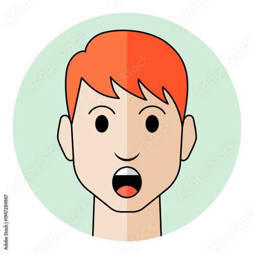 Man face avatar with surprised eyes and open mouth in circular frame. Male character portrait for shock emotion, amazement, wow reaction and vocal assistant icon.