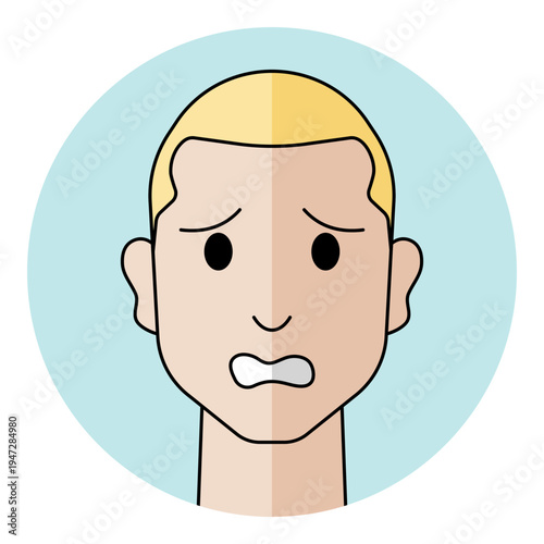 Man face avatar with anxious eyes and worried mouth expression in flat style. Male character portrait for confused emotion, fear, security risk, and nervous support icon.