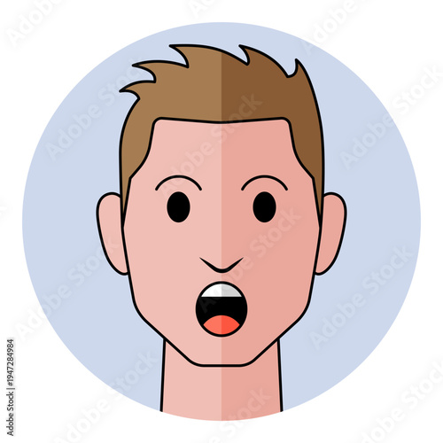 Man face avatar with surprised eyes and open mouth in circular frame. Male character portrait for shock emotion, amazement, wow reaction, and vocal assistant icon