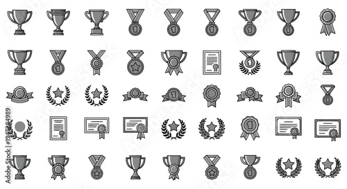 A set of black and white icons featuring various trophies, medals, laurel wreaths, and certificates, symbolizing success and achievement.