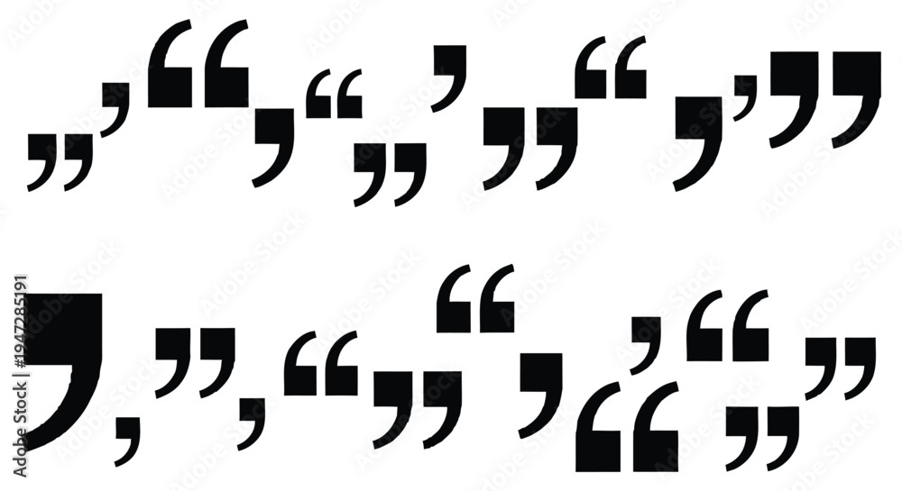 Obraz premium A collection of black quotation marks and apostrophes on a clean white background, ideal for design and typography projects.