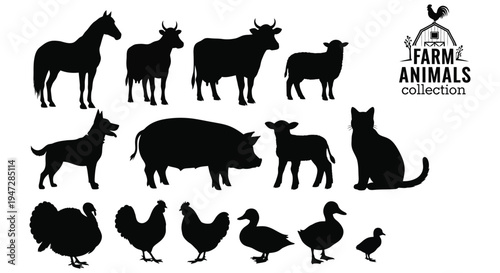 A collection of black silhouettes of various farm animals, including horse, cow, pig, dog, cat, chickens, ducks, and more on a clean white background.
