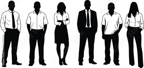Black silhouette vector illustration of diverse professionals standing side by side, business attire, male and female figures, workplace diversity corporate concept