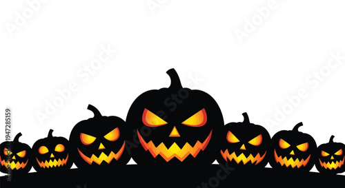 A group of spooky carved pumpkins with glowing orange eyes and teeth on a white background, perfect for Halloween decoration or themed party.