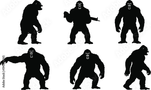 Silhouettes of gorilla figures in varied poses, aggressive stances and weapon detail, animal illustration combining natural and militaristic themes