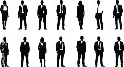 Black silhouette vector illustration of diverse professionals in suits, ties, skirts, and pants, male and female figures, corporate workplace diversity concept