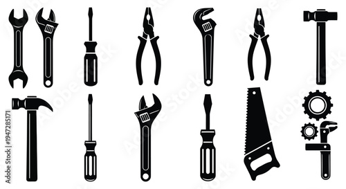 A set of black silhouette tools including wrenches, pliers, hammers, screwdrivers, saw, and gears on a clean white background, ideal for repair, construction, and DIY concepts.