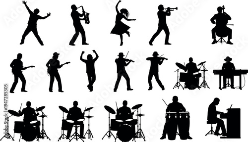  Musicians silhouette vector illustration, diverse instruments artwork, saxophone, violin, trumpet, guitar, drums, piano, creative music background
