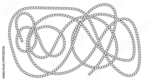 A detailed illustration of tangled ropes forming a complex knot pattern on a white background, showcasing twisted fiber texture.