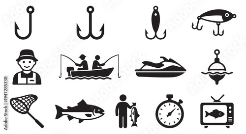 A collection of black and white icons related to fishing and aquatic activities.