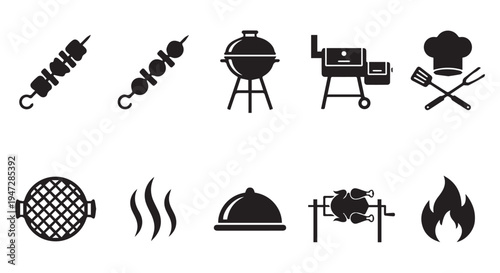 A collection of black icons depicting various barbecue and cooking related objects and tools.