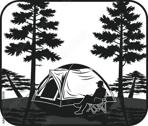 Camping silhouette with tent, folding chair, and pine trees, outdoor leisure vector illustration design concept for nature themes