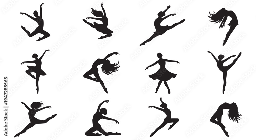Fototapeta premium A collection of black silhouettes of dancers in various poses on a Transparent Background