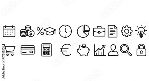 A collection of financial and business icons on a Transparent Background for marketing materials