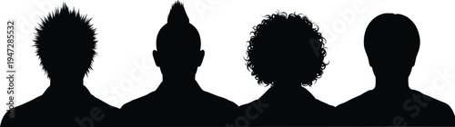 Vector illustration of silhouetted human heads with spiky, mohawk, curly, and smooth hairstyles symbolizing identity, diversity, culture, tradition, inclusivity, heritage, and education