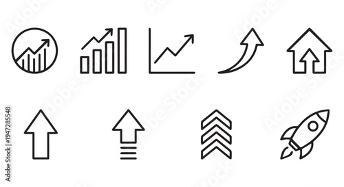A collection of black and white line icons representing growth and progress in business and finance