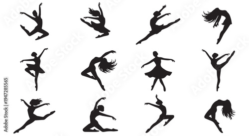 A collection of black silhouettes of dancers in various poses on a Transparent Background
