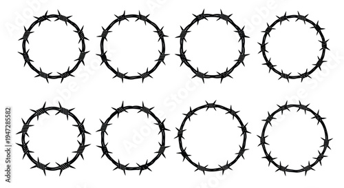 Eight black barbed wire circles arranged in two rows on a white background with a minimalist composition.