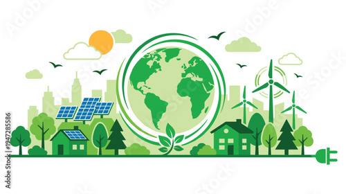 Ecological planet banner with renewable energy technology and nature