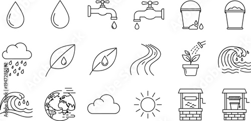 Collection of line art icons representing water sources and conservation themes