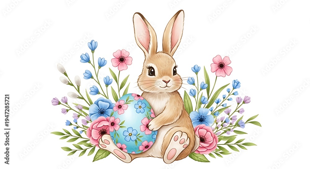 Fototapeta premium Easter bunny surrounded by colorful spring flowers and eggs