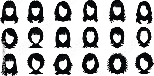 Black silhouette vector illustration of diverse women’s hairstyles, straight, wavy, curly, layered cuts, bangs, fashion beauty concept for design projects