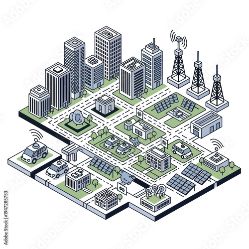 Isometric Smart City Illustration with Connected Infrastructure and Technology.
