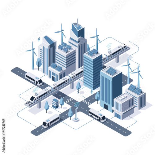 Futuristic Cityscape with Sustainable Transportation and Green Energy.