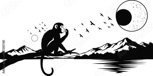Vector illustration of silhouetted monkey on tree branch with mountains, eclipse, and birds symbolizing contemplation, identity, diversity, culture, tradition, inclusivity, heritage, and education