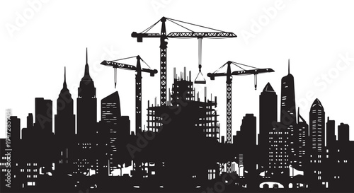 A black silhouette of a city skyline with construction cranes and skyscrapers against a Transparent Background