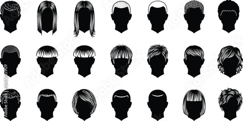 Black hairstyle silhouette icons, diverse human head vector illustration, modern and traditional hair designs, curly, straight, wavy, buzz cut styles