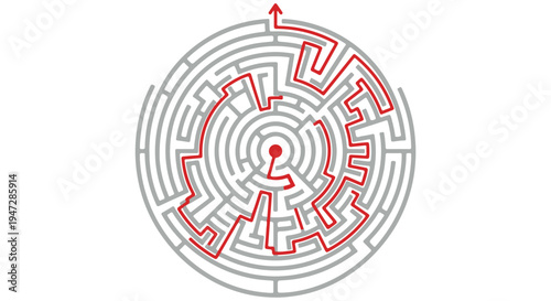 A circular maze with a red path leading to the exit on a Transparent Background