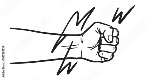 A clenched fist with motion lines and scribbles in black and white illustration style