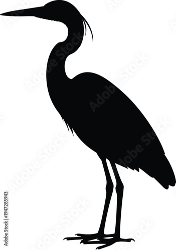 Black silhouette vector illustration of heron bird, long neck, pointed beak, tall legs, elegant posture, wildlife design, decorative artwork, modern composition