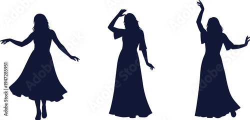   
Silhouette illustration of women dancing in long dresses, graceful movement, fashion lifestyle vector art design concept for stock content