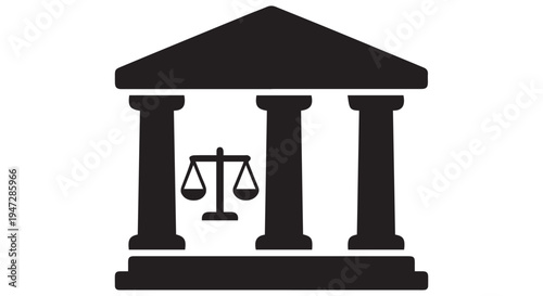 A black silhouette of a courthouse with a scale of justice in front of it.