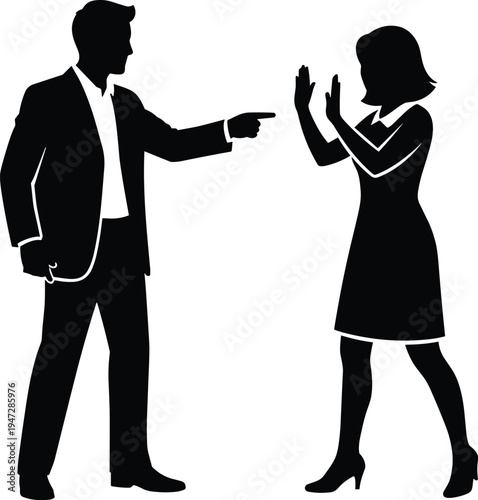 Silhouettes of man and woman in conflict, aggressive pointing gesture, defensive posture, interpersonal tension, social behavior, vector illustration
