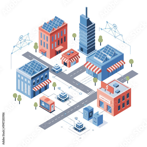 Isometric Smart City Illustration with Solar Panels and Connectivity.