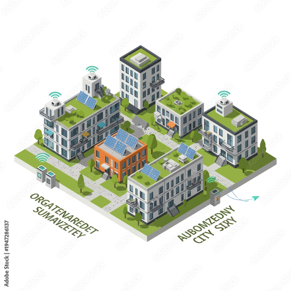 Fototapeta premium Isometric Smart City with Green Energy and Sustainable Buildings.