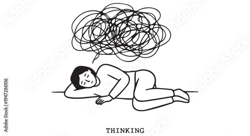 A person lying on the ground with a tangled thought bubble above their head