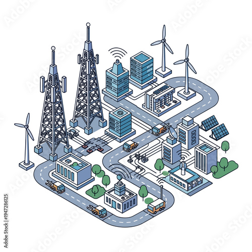 Isometric Smart City Infrastructure with Renewable Energy and Communication Towers.