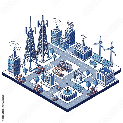 Isometric Smart City Illustration with Renewable Energy and Communication Towers.