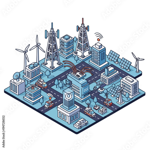 Isometric Smart City Illustration - Sustainable Technology and Urban Innovation.