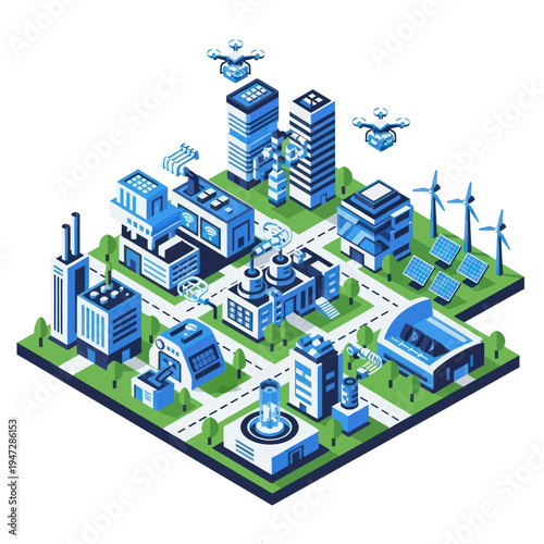 Isometric Smart City Illustration Showcasing Sustainable Technology and Urban Planning.