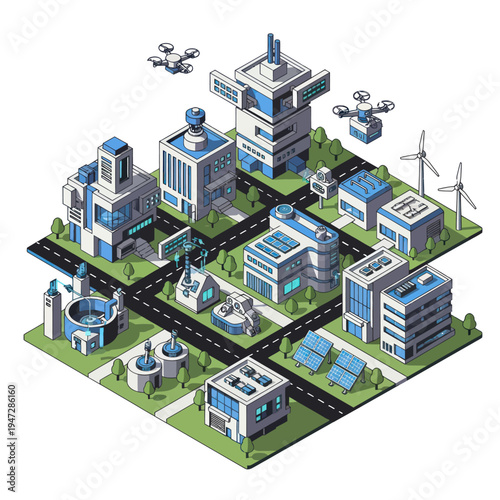 Isometric Smart City Illustration - Sustainable Technology and Urban Innovation.
