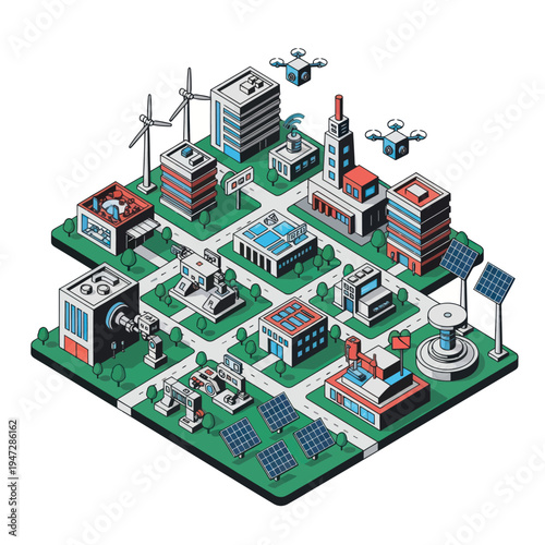 Isometric Smart City Illustration with Renewable Energy and Modern Infrastructure.