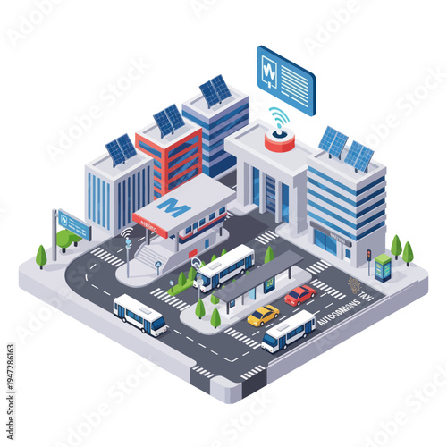 Isometric Smart City Illustration with Sustainable Transport and Green Energy.